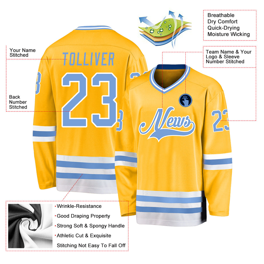 Custom Gold Light Blue-White Hockey Jersey