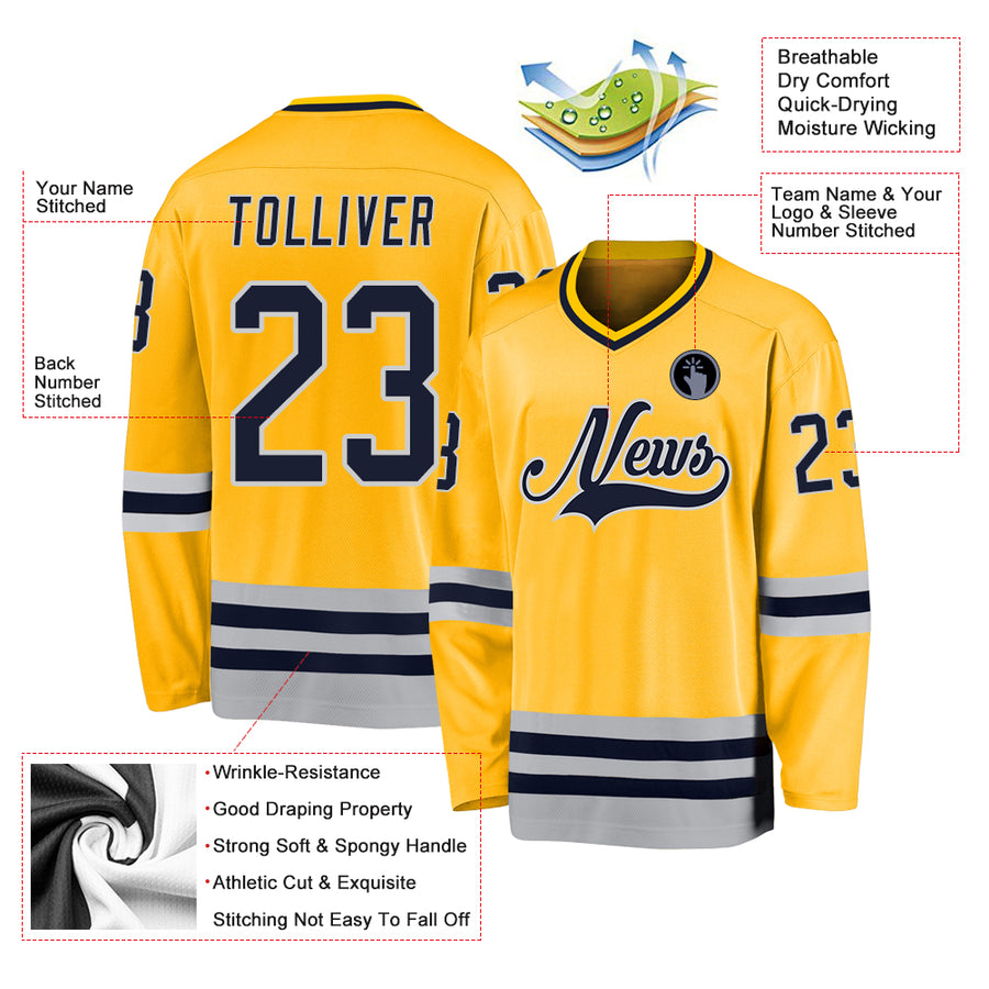 Custom Gold Navy-Gray Hockey Jersey