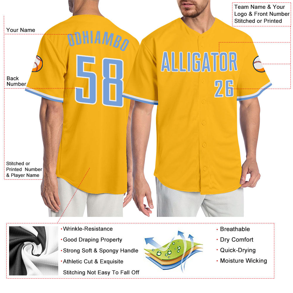 Custom Team Baseball Authentic Light Blue Throwback Shirt Gold