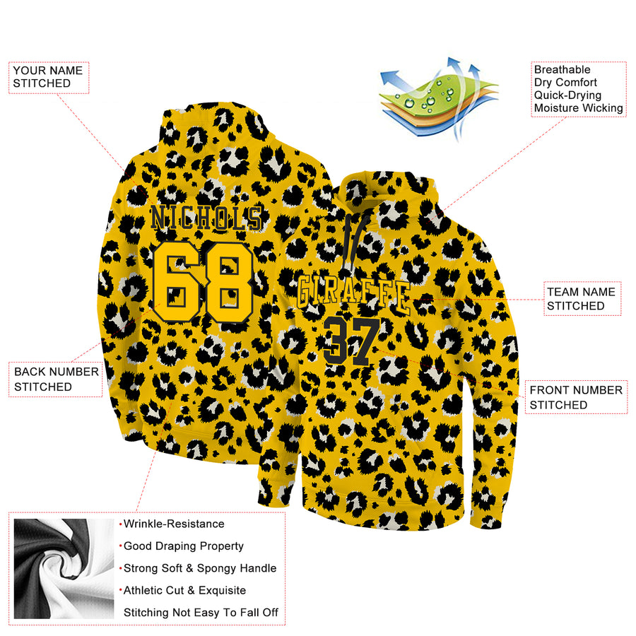 Custom Stitched Gold Gold-Black 3D Pattern Design Leopard Sports Pullover Sweatshirt Hoodie