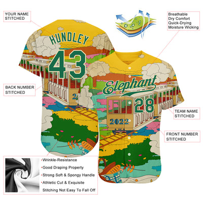 Custom Gold Kelly Green-Cream 3D Pattern Design Train Authentic Baseball Jersey