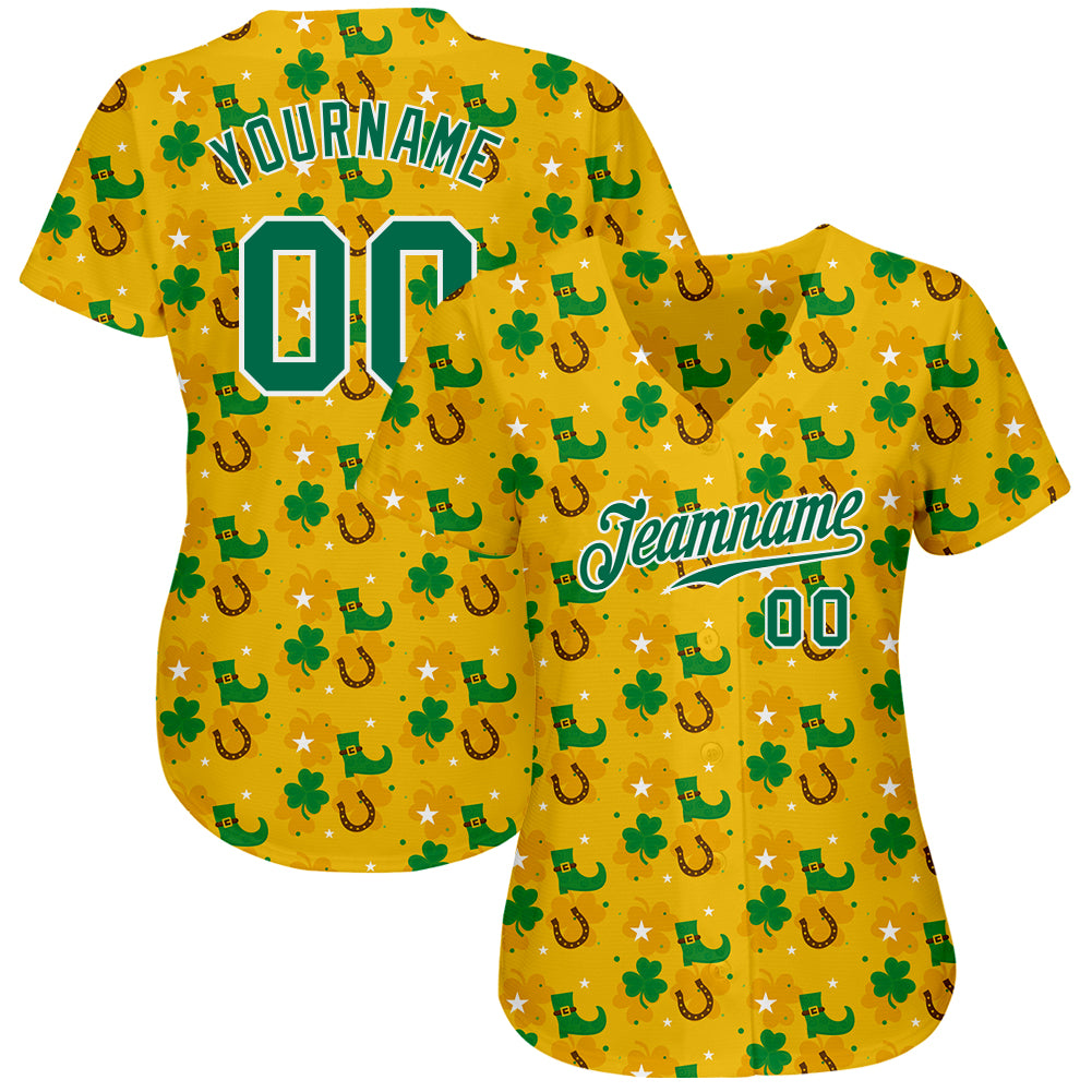 Custom Gold Kelly Green-White 3D Pattern Design Authentic St. Patrick's Day Baseball Jersey