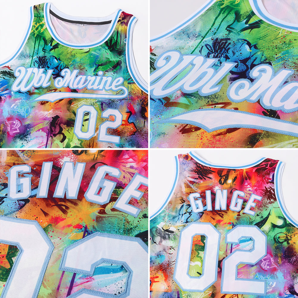 Custom Scratch Graffiti Pattern White-Light Blue 3D Authentic Basketball Jersey