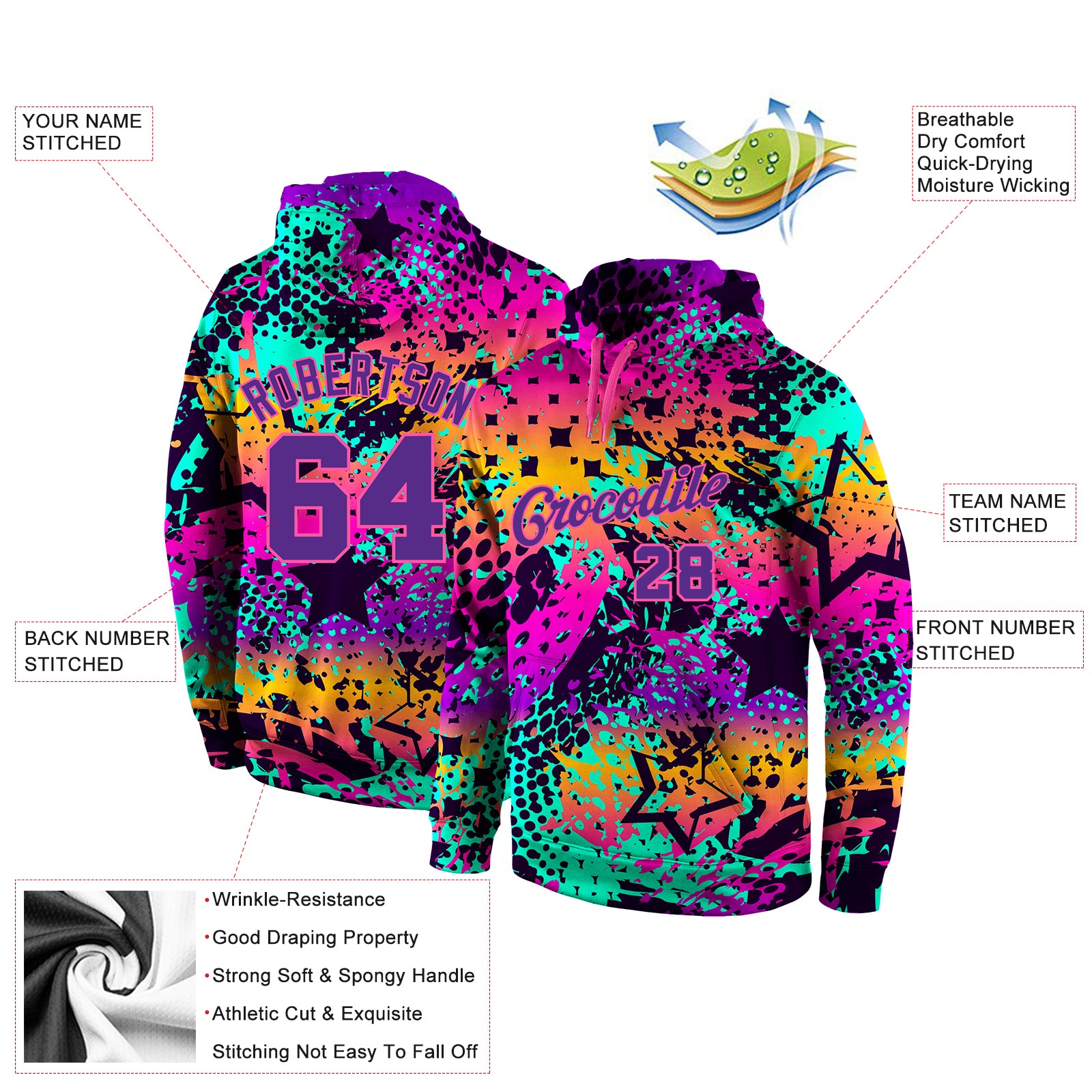 Custom Stitched Graffiti Pattern Purple-Pink 3D Sports Pullover Sweatshirt Hoodie