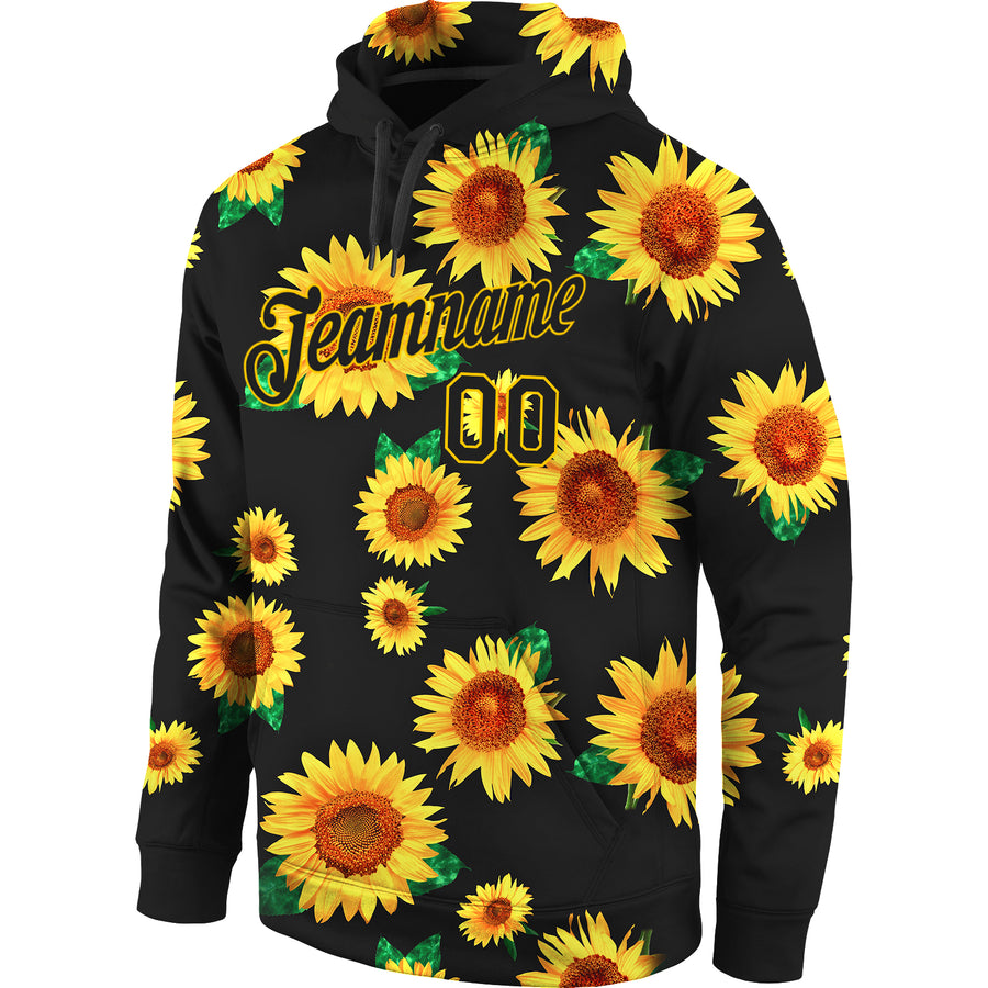 Custom Stitched Graffiti Pattern Black-Gold 3D Sunflowers Sports Pullover Sweatshirt Hoodie