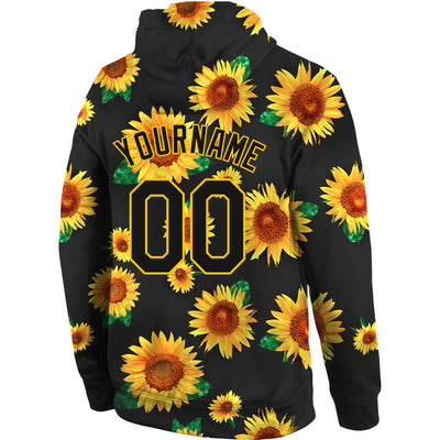 Custom Stitched Graffiti Pattern Black-Gold 3D Sunflowers Sports Pullover Sweatshirt Hoodie