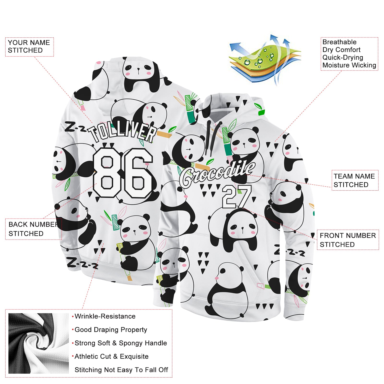 Custom Stitched Graffiti Pattern White-Black 3D Panda Sports Pullover Sweatshirt Hoodie