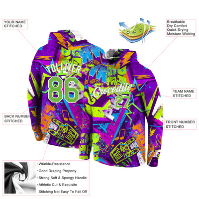 Custom Stitched Graffiti Pattern Neon Green-White 3D Sports Pullover Sweatshirt Hoodie