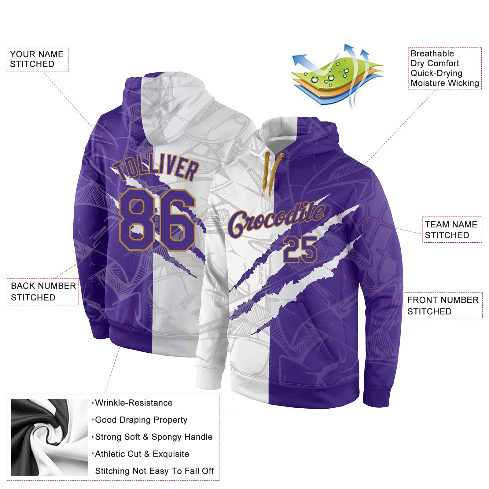 FANSIDEA Custom Stitched Purple Purple-White 3D Pattern Design Sports Pullover Sweatshirt Hoodie Youth Size:XL