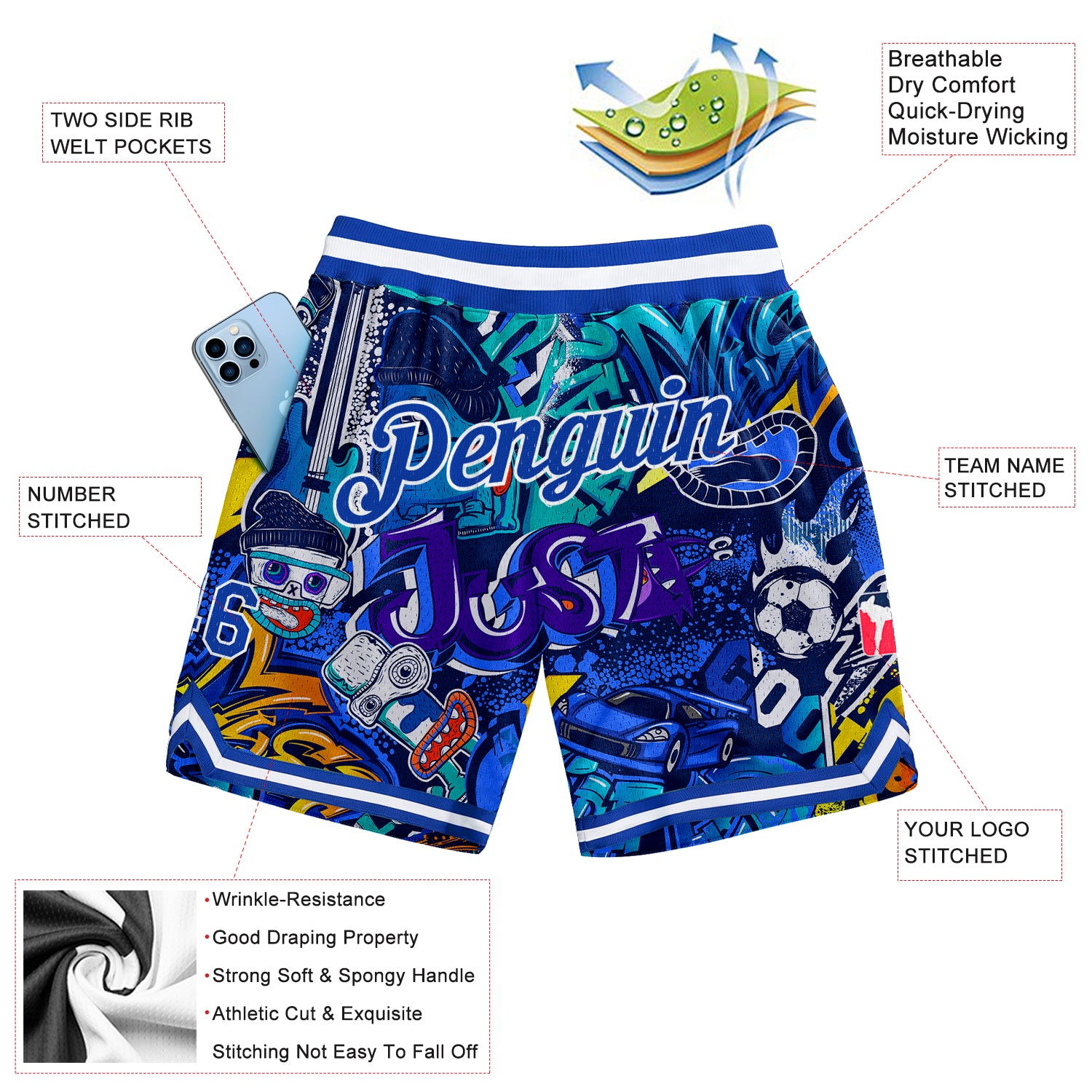 Custom Graffiti Pattern Basketball Shorts Royal White 3D Authentic FansIdea