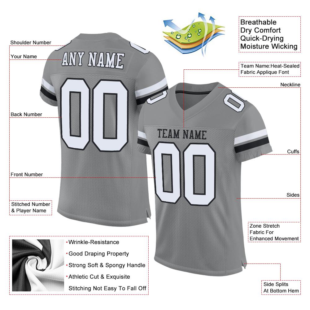 Custom Team Black Football Authentic Gray Mesh Jersey White