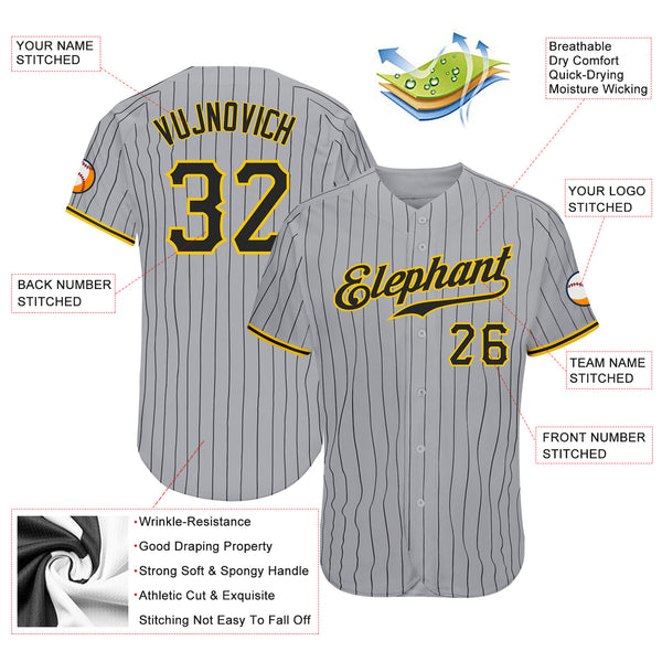 Custom Gray Black Pinstripe Black-Gold Authentic Baseball Jersey