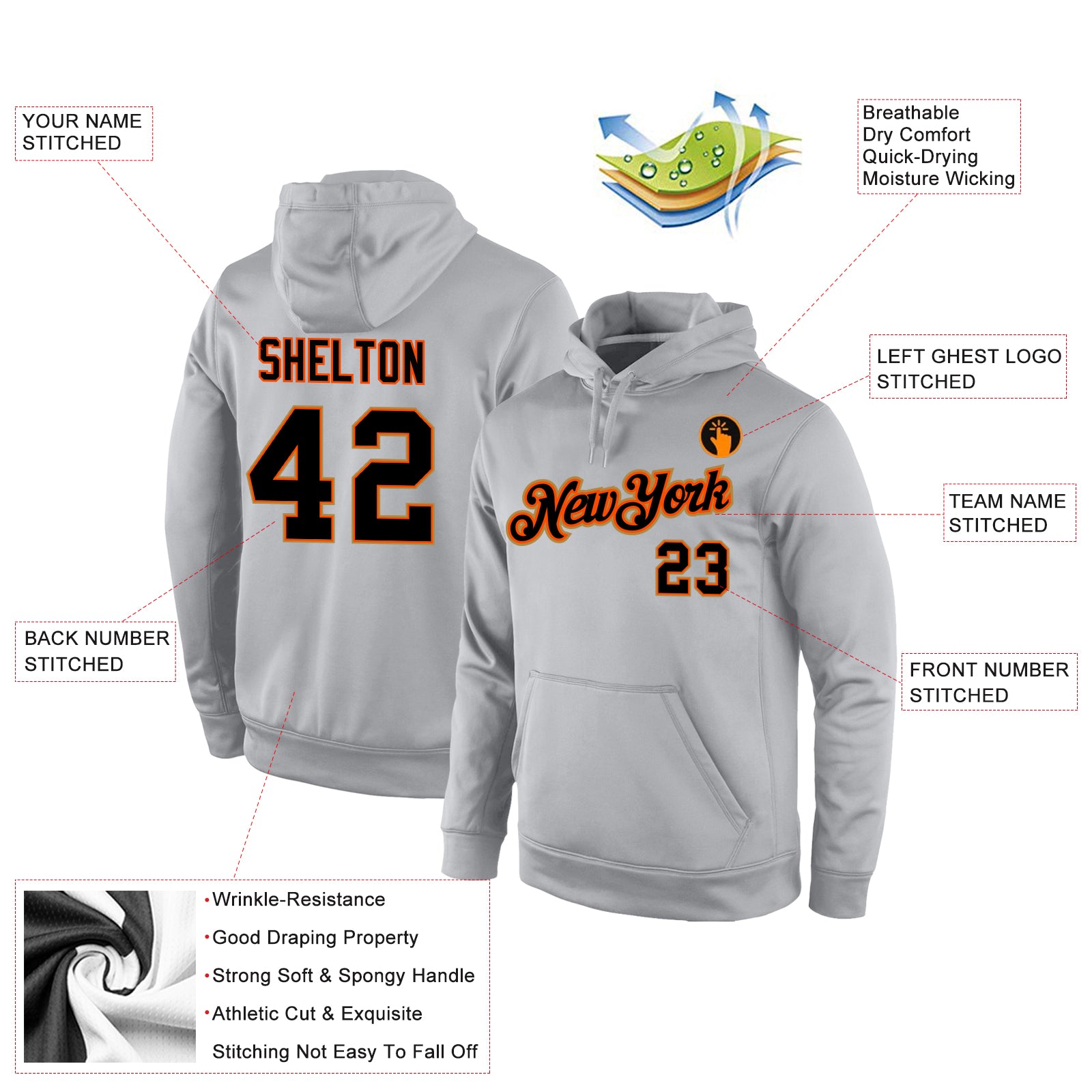 Custom Stitched Gray Black-Orange Sports Pullover Sweatshirt Hoodie