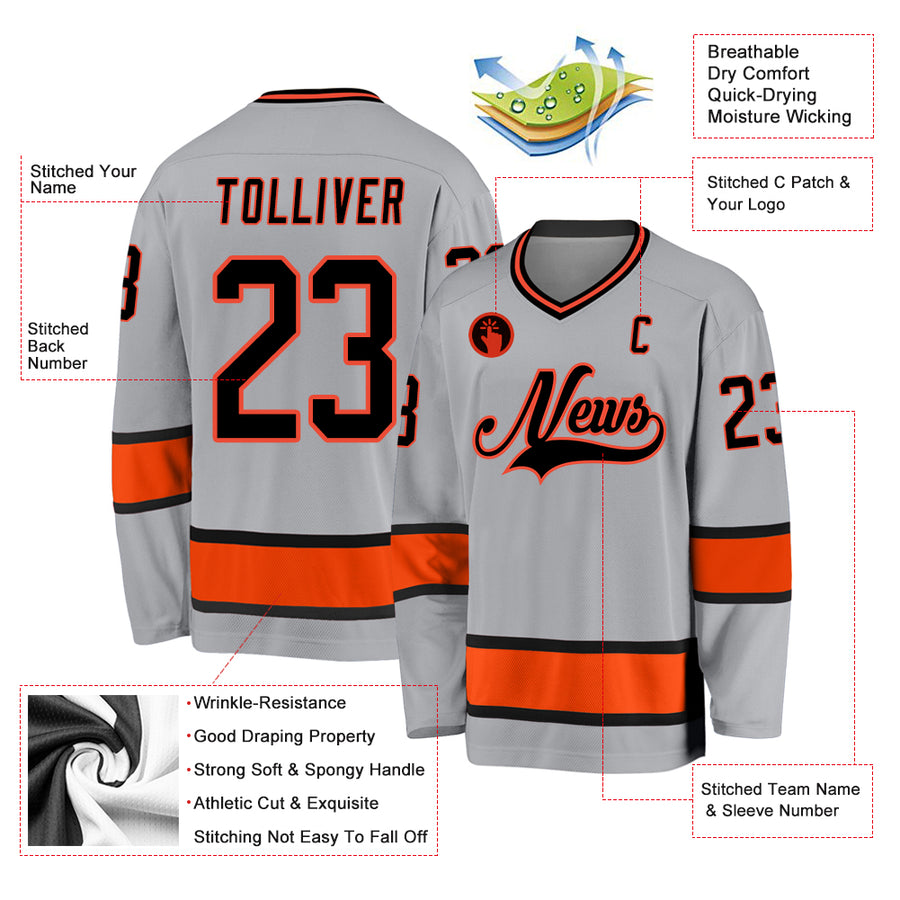 Custom Gray Black-Orange Hockey Jersey