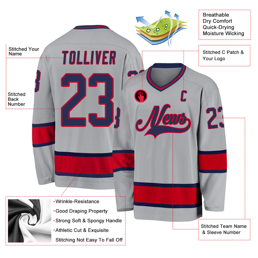 Custom Gray Navy-Red Hockey Jersey