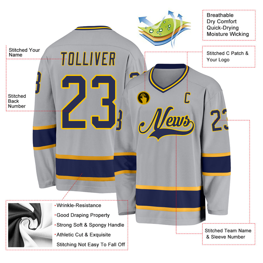 Custom Gray Navy-Gold Hockey Jersey