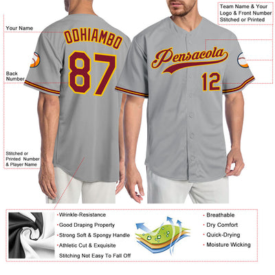 Custom Gray Crimson-Gold Authentic Baseball Jersey