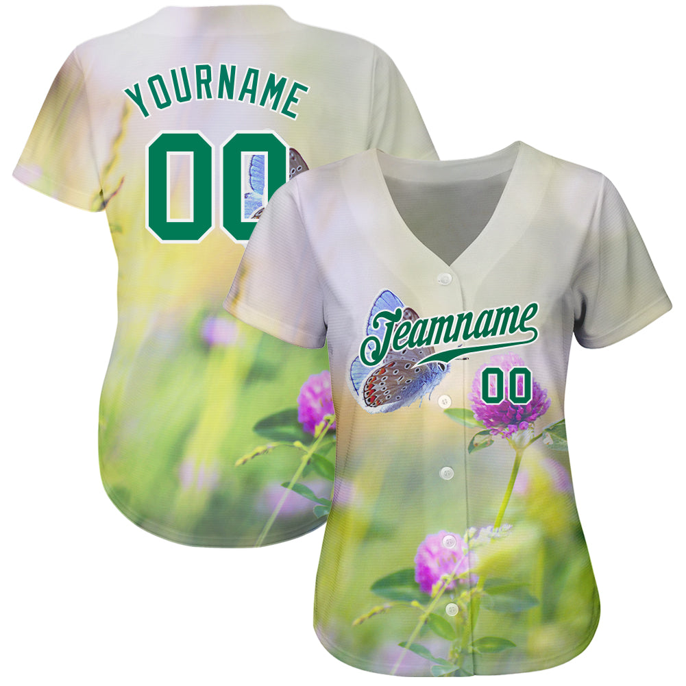 Custom Gray Kelly Green-White 3D Pattern Design Flowers And Butterfly Authentic Baseball Jersey