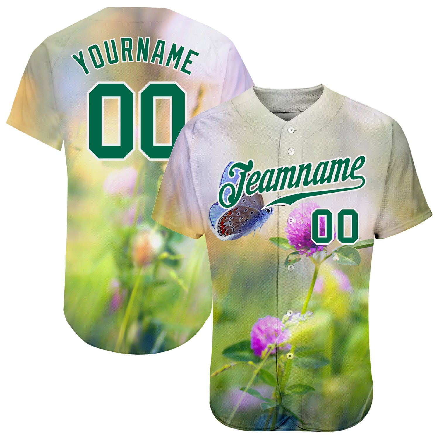 Custom Gray Kelly Green-White 3D Pattern Design Flowers And Butterfly Authentic Baseball Jersey