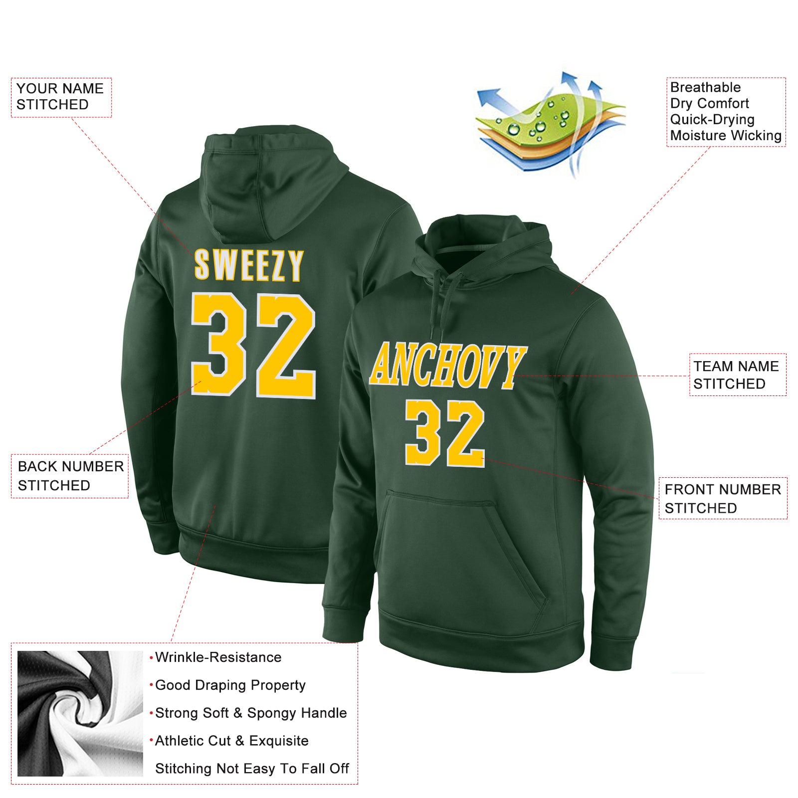 Custom Stitched Green Gold-White Sports Pullover Sweatshirt Hoodie