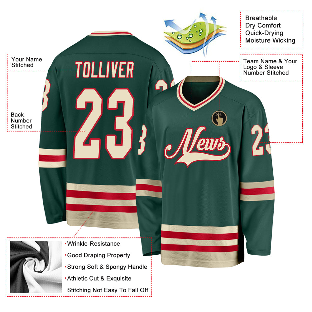 Custom Green Cream-Red Hockey Jersey Discount - FansIdea