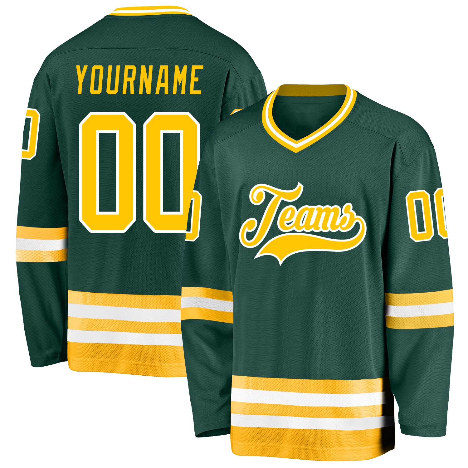 Custom Green Gold-White Hockey Jersey Youth Size:L