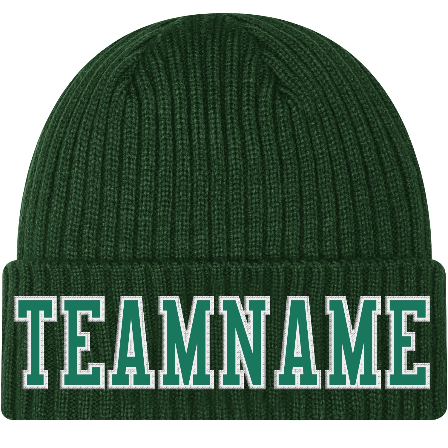 Custom Green Kelly Green-White Stitched Cuffed Knit Hat