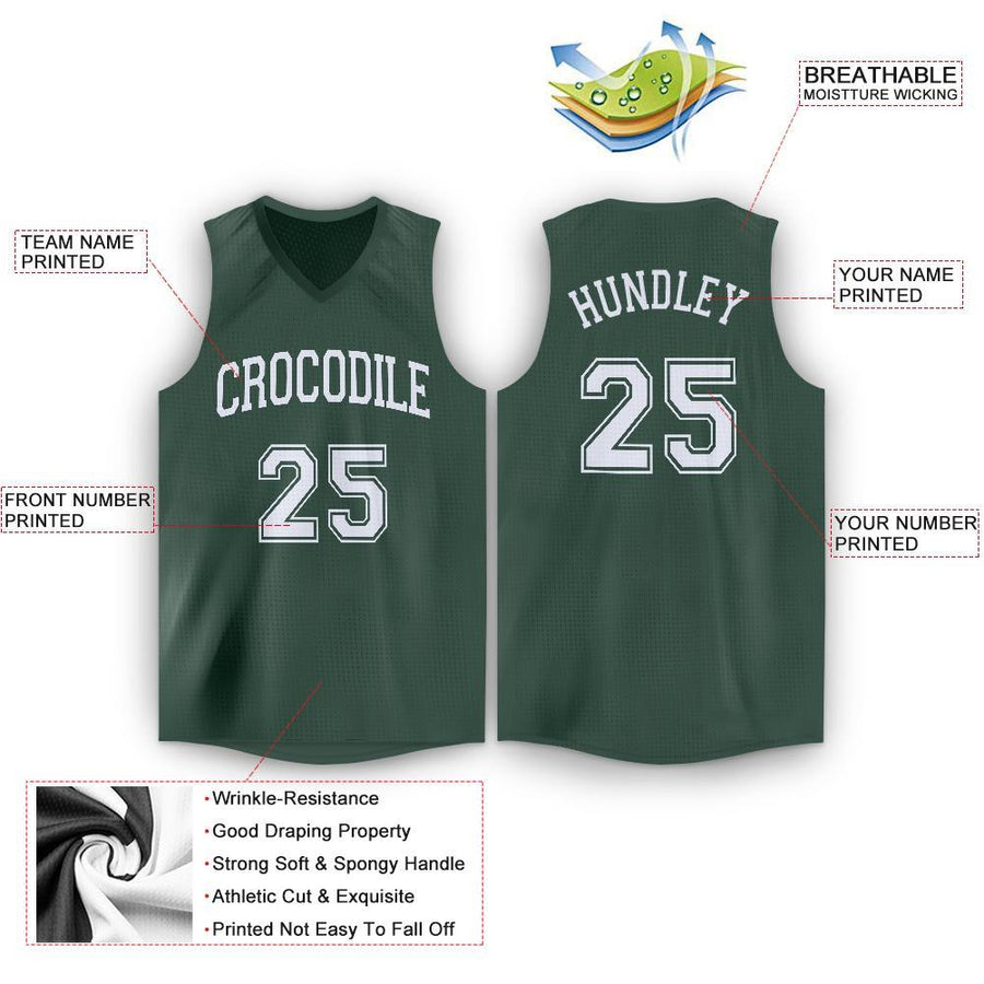 Custom Hunter Green White V-Neck Basketball Jersey