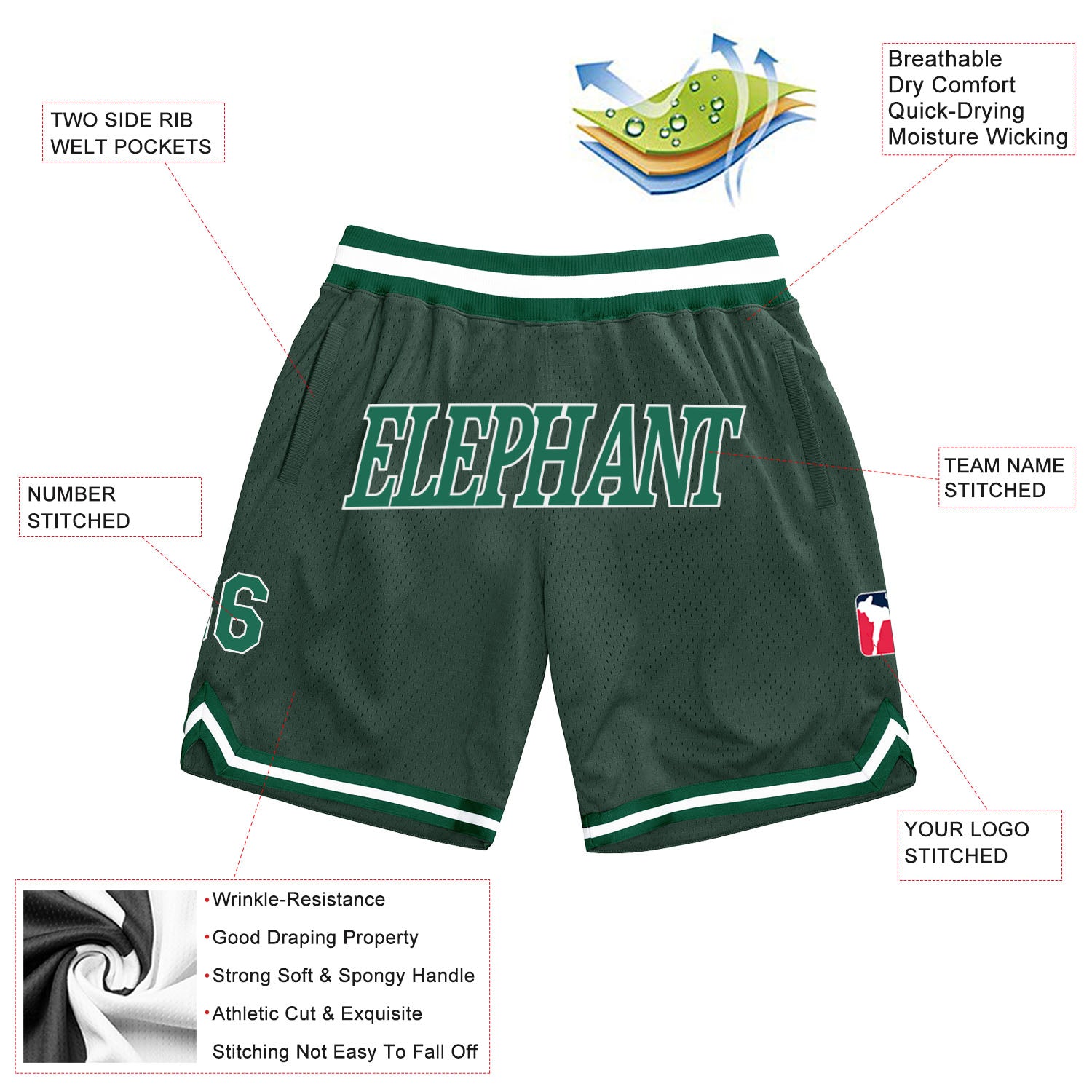 Custom Hunter Green Kelly Green-White Authentic Throwback Basketball Shorts