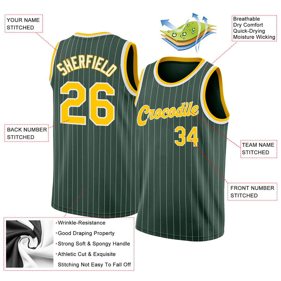 Custom Hunter Green White Pinstripe Gold-White Authentic Basketball Jersey