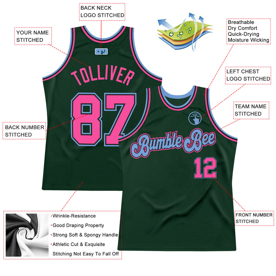 Custom Hunter Green Pink-Light Blue Authentic Throwback Basketball Jersey