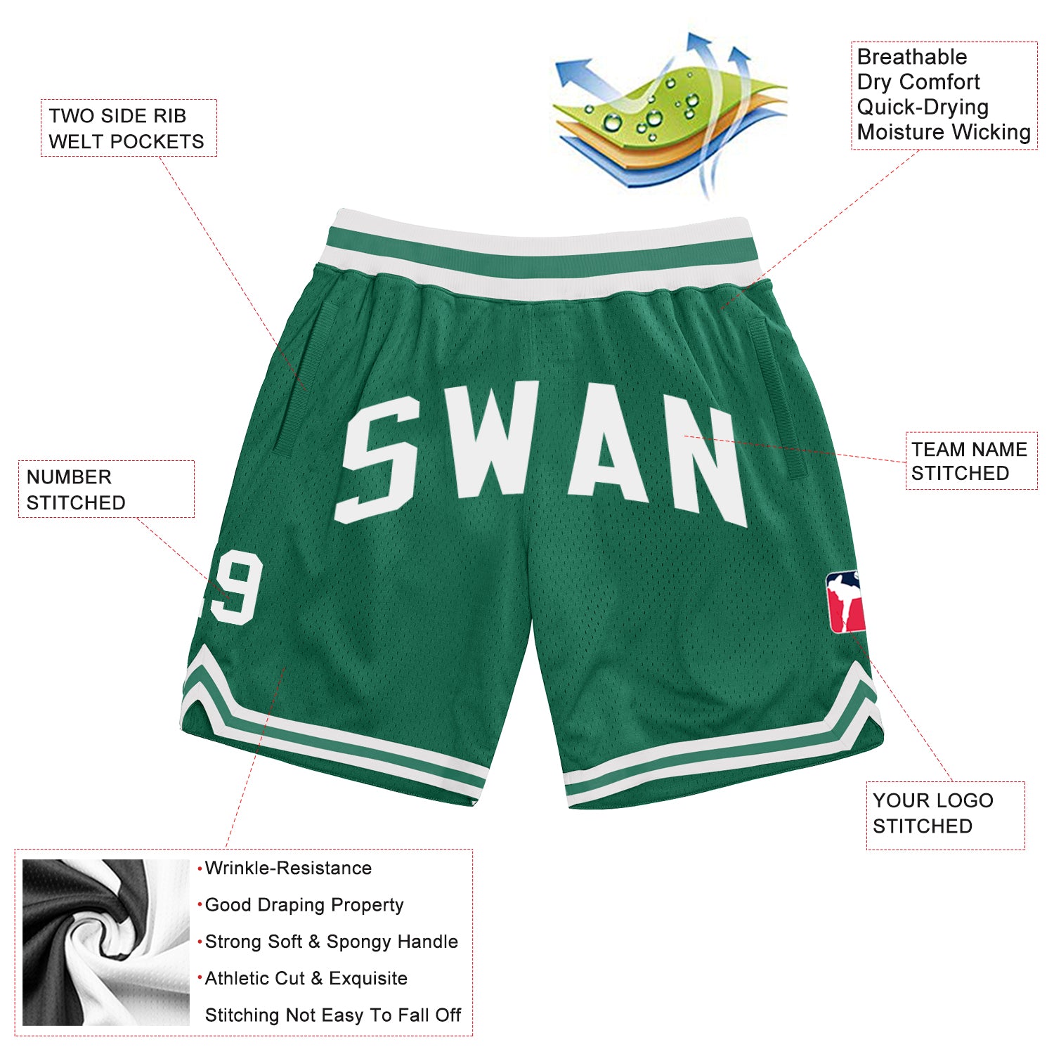 Custom Kelly Green White Authentic Throwback Basketball Shorts