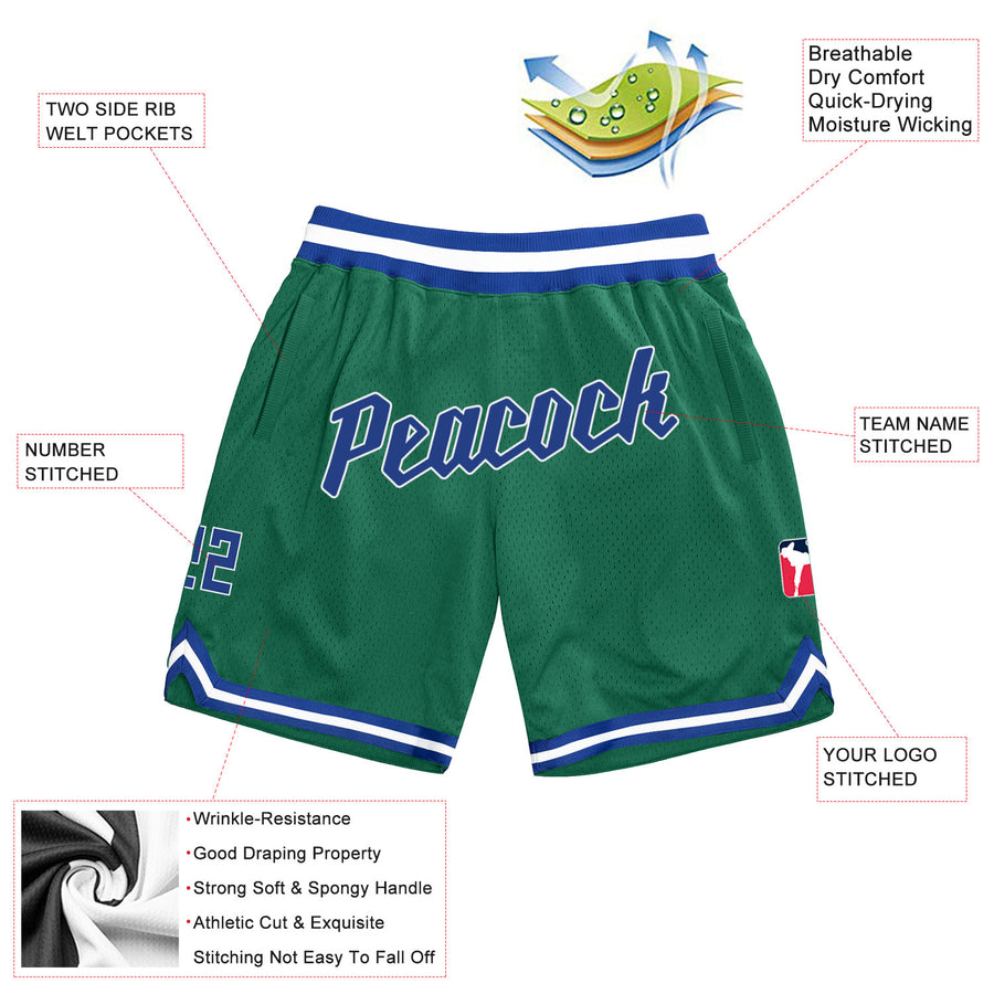 Custom Kelly Green Royal-White Authentic Throwback Basketball Shorts