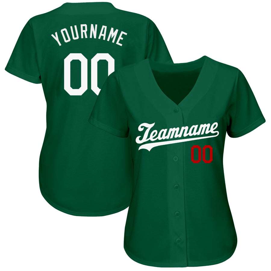 Custom Kelly Green White-Red Authentic Baseball Jersey