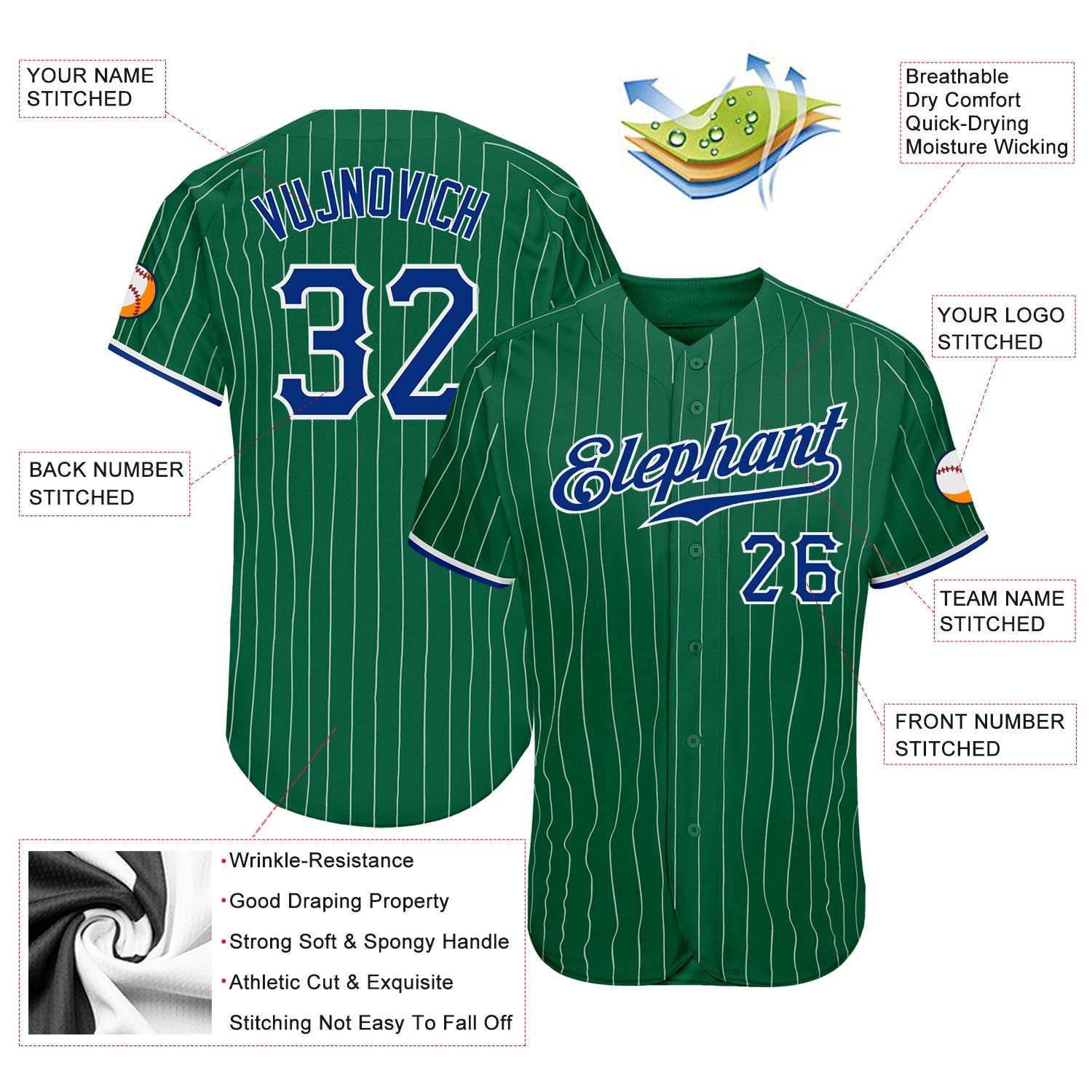 Custom Kelly Green White Pinstripe Royal-White Authentic Baseball Jersey