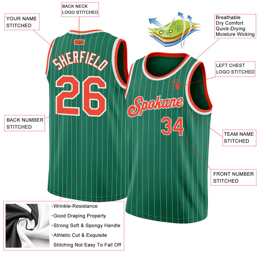 Custom Kelly Green White Pinstripe Orange-White Authentic Basketball Jersey