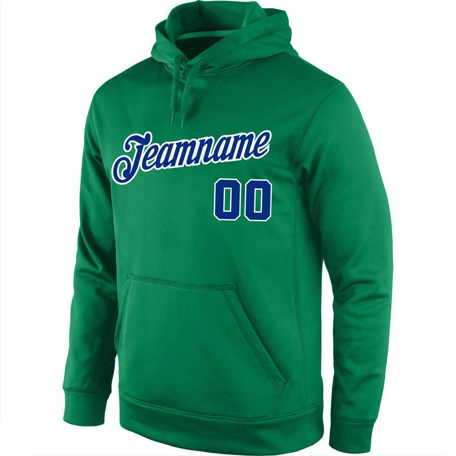 Custom Stitched Kelly Green Royal-White Sports Pullover Sweatshirt Hoodie