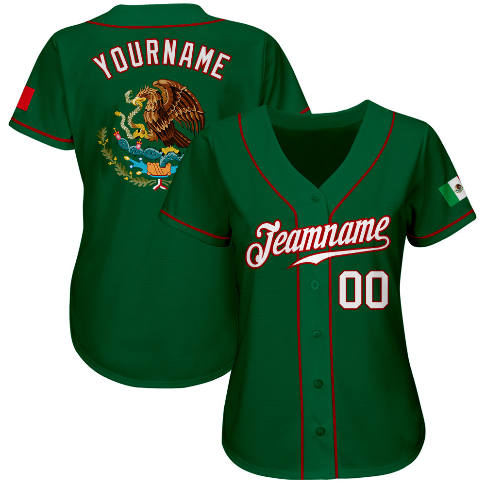 Custom Kelly Green White-Red Authentic Mexican Flag Fashion Baseball Jersey