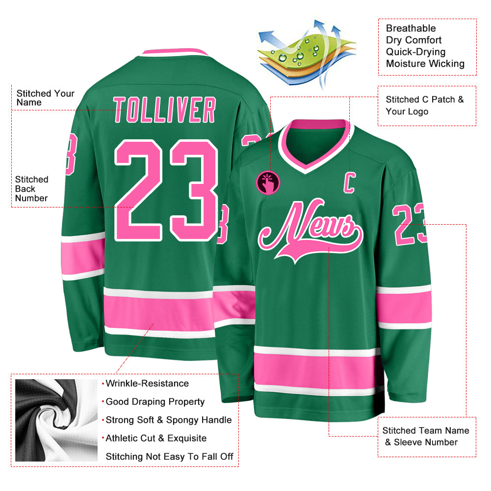 Custom Kelly Green Pink-White Hockey Jersey Youth Size:S