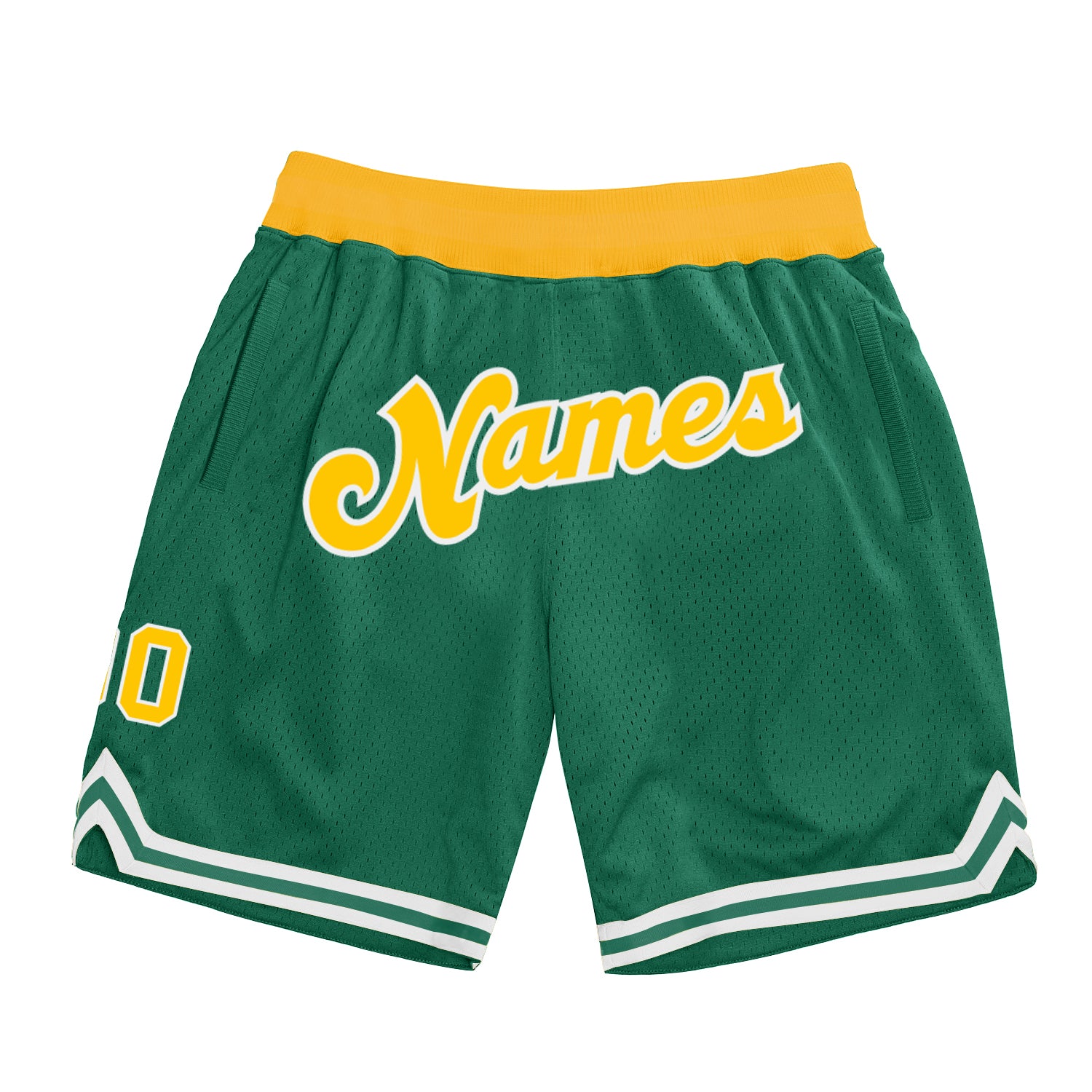 Custom Kelly Green Gold-White Authentic Throwback Basketball Shorts