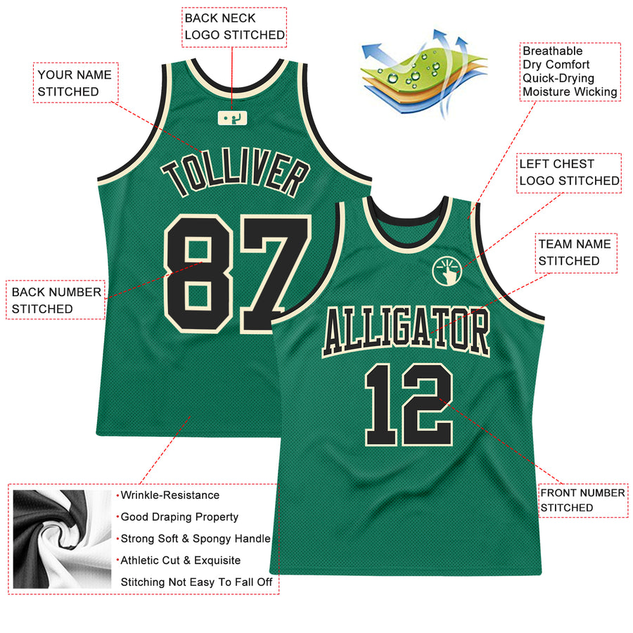 Custom Kelly Green Black-Cream Authentic Throwback Basketball Jersey