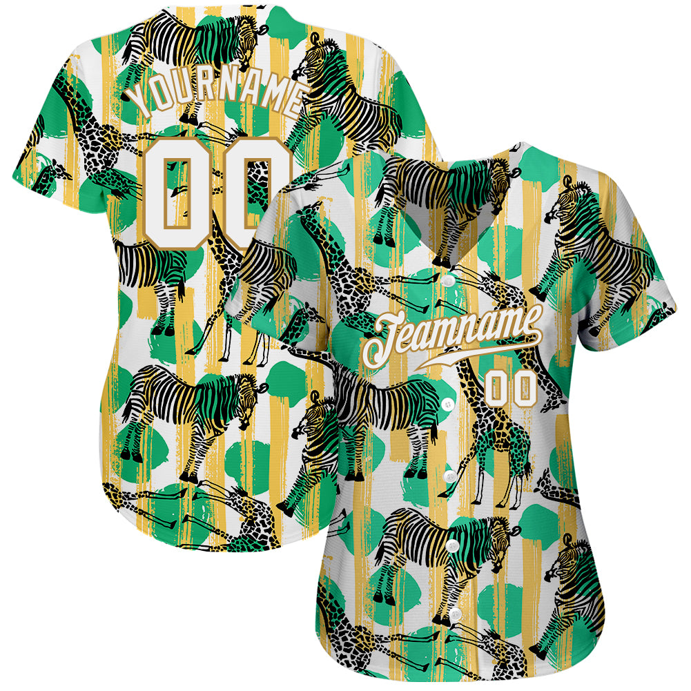 Custom Kelly Green White-Old Gold 3D Pattern Design Zebras And Giraffes Authentic Baseball Jersey