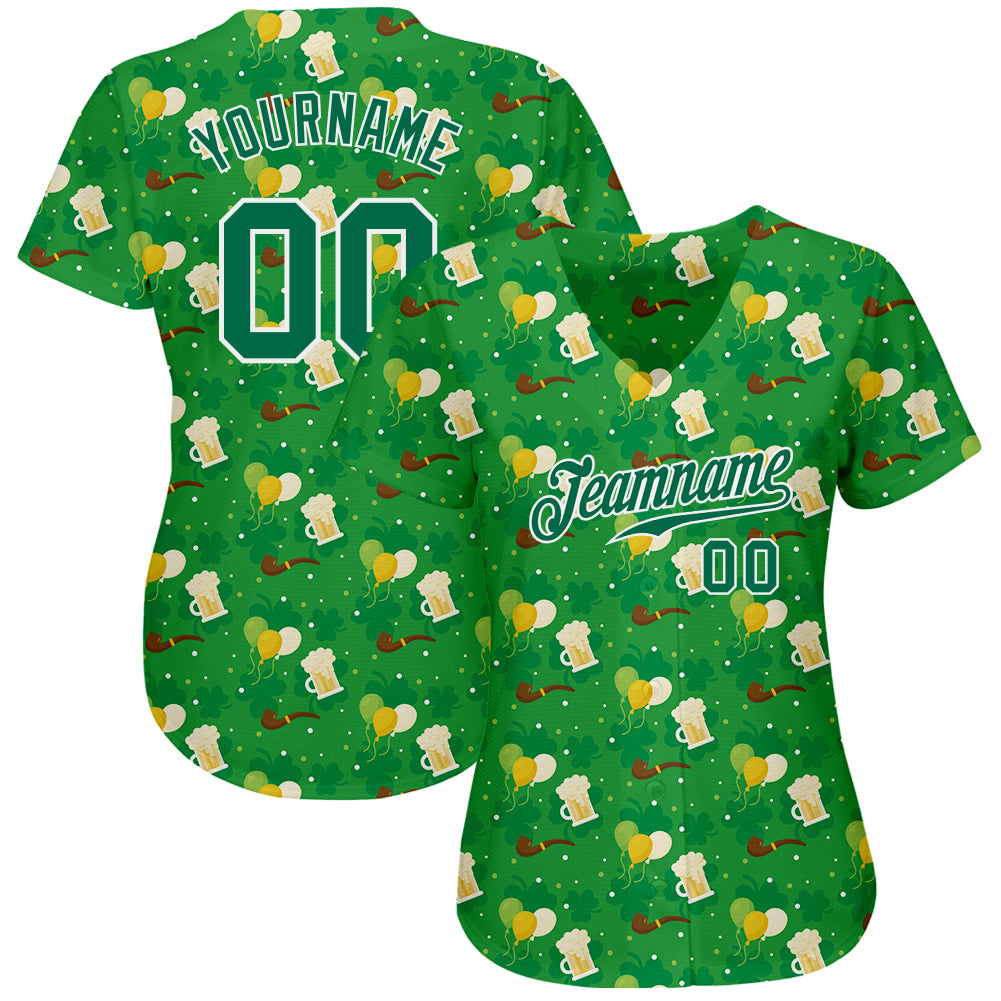 Custom White White-Kelly Green 3D Pattern Design Authentic St. Patrick's Day Baseball Jersey Women's Size:L