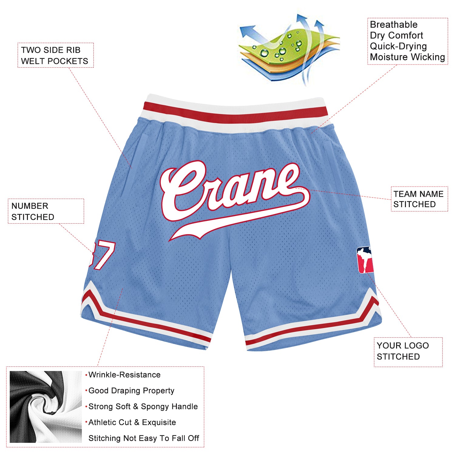 Custom Light Blue White-Red Authentic Throwback Basketball Shorts