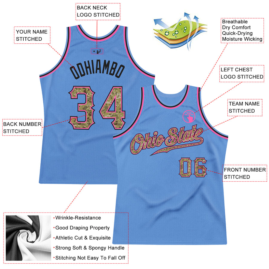 Custom Light Blue Camo-Pink Authentic Throwback Basketball Jersey