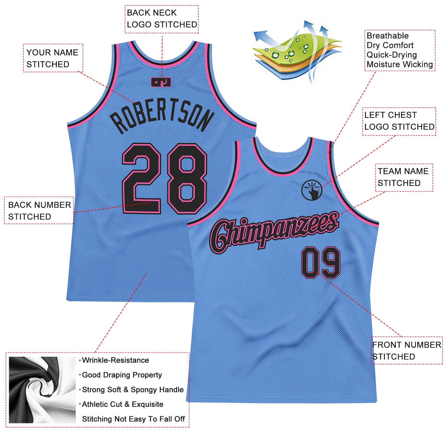 FANSIDEA Custom Light Blue Pink-Black Authentic Throwback Basketball Jersey Men's Size:L