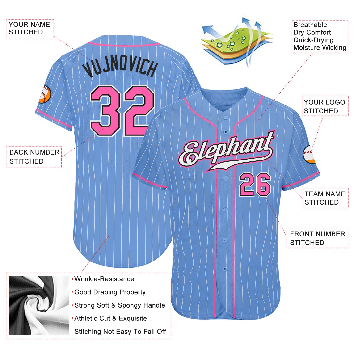 Custom Light Blue White Pinstripe Pink-Black Authentic Baseball Jersey