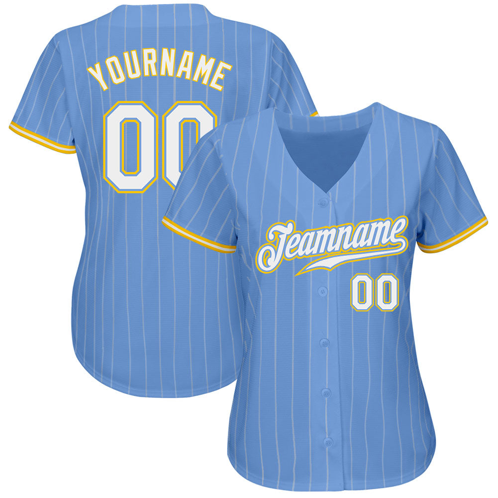 Custom Light Blue White Pinstripe White-Gold Authentic Baseball Jersey