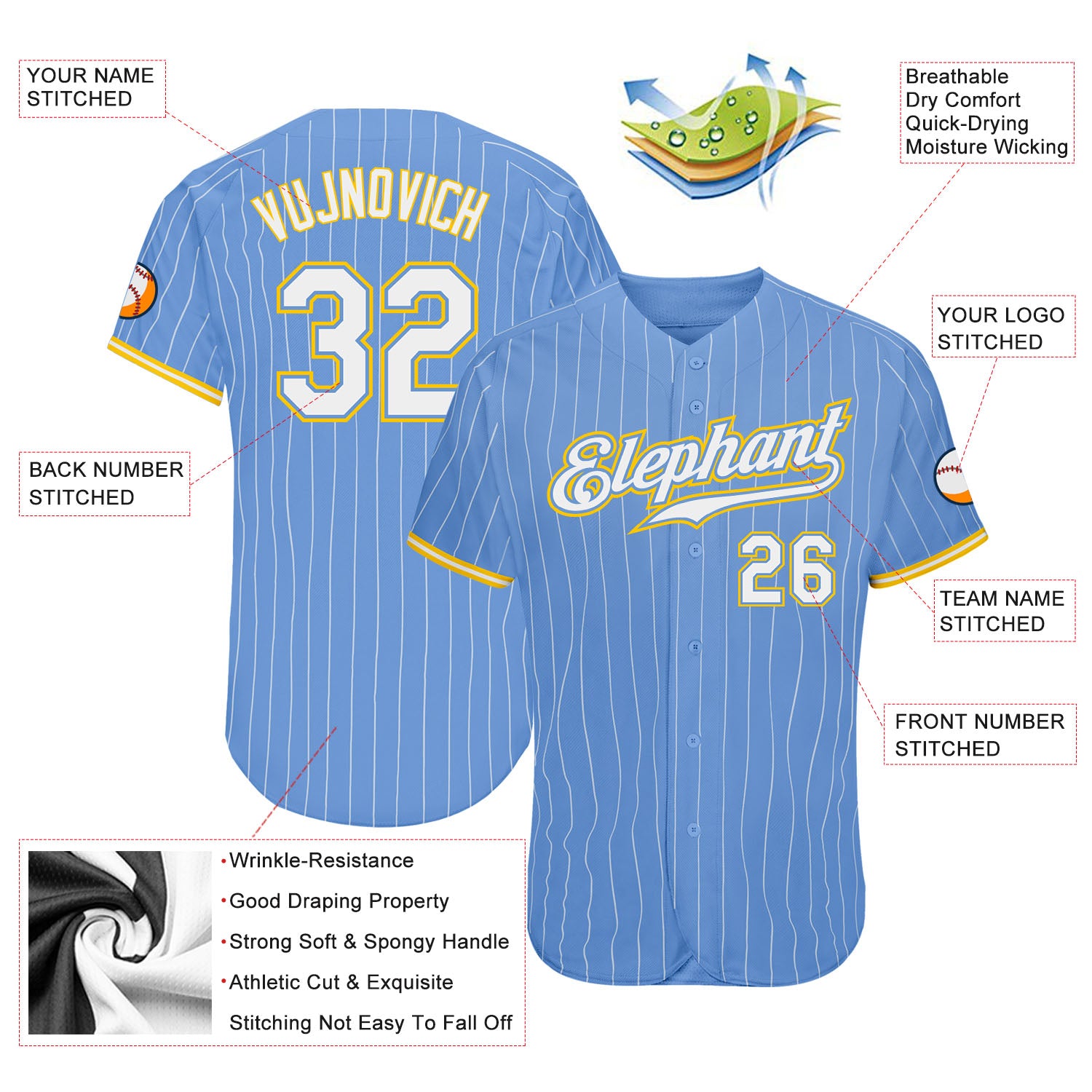 White Gold Pinstripes Custom V-Neck Softball Baseball Jerseys | YoungSpeeds