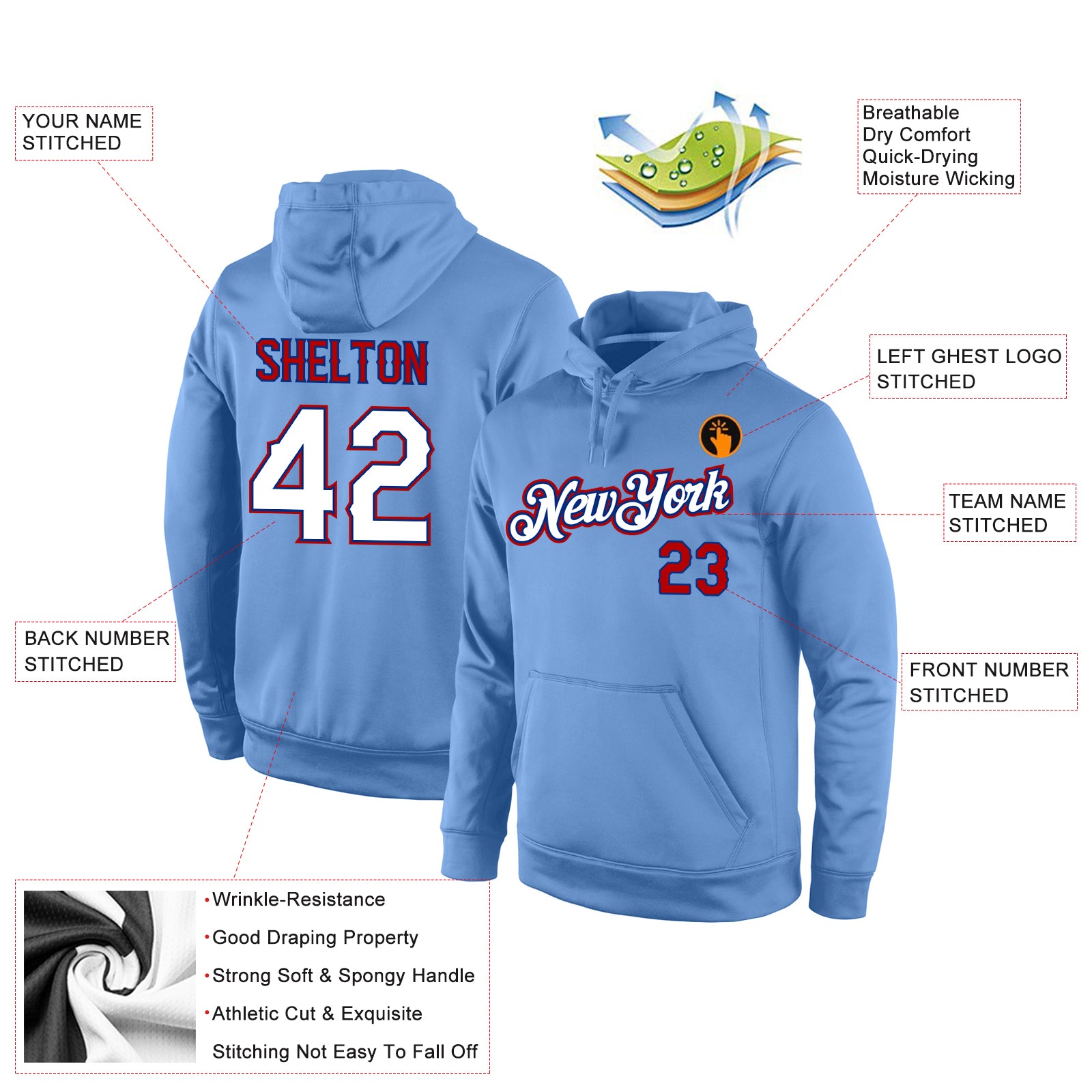 Custom Stitched Light Blue White-Red Sports Pullover Sweatshirt Hoodie